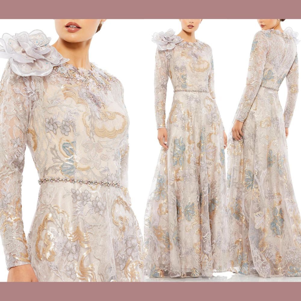 NEW $1198 Mac Duggal [ 10 ] Floral Embellish Long Sleeve Rose Appliqué Gown #J17
